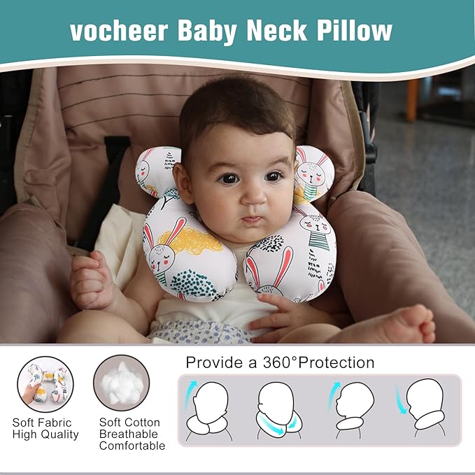 vocheer Baby Travel Pillow(Upgraded), Head and Neck Support Pillow for Pushchair, Car Seat,Stroller, Bouncer, Cotton(Rabbit)