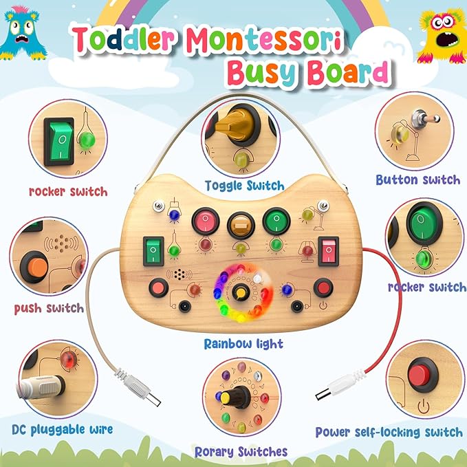 Montessori Busy Board for Baby, Busy Board for Toddlers Toys, Wooden Autism Sensory Toys with Animal Cards, Dinosaur Stickers, Toddler Educational Activity Travel Toys for Boys and Girls 1+
