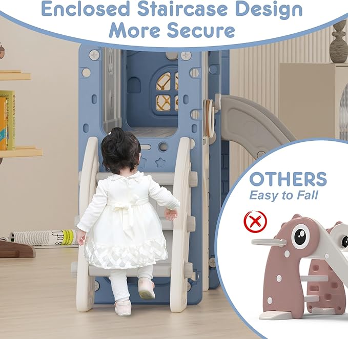 YUFU 8 in 1 Toddler Slide Set, Kids Slide for Toddlers Age 1-3, Toddler Playset with Climber, Basketball Hoop and Ball, Outdoor Indoor Playground for Toddlers 1-3 (Blue+Gray)