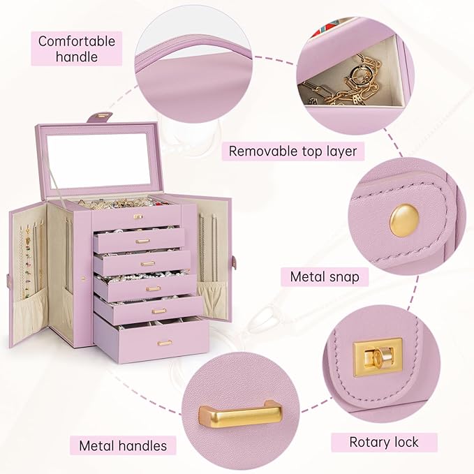 AKOZLIN Huge Jewelry Box Organizer Functional Large Leather Jewelry Storage Case for Women Girls Ring Necklace Earring Bracelet Holder Organizer with Mirror