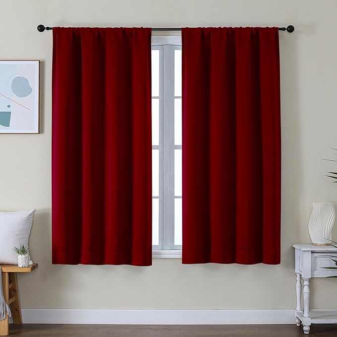 Simplebrand Ava Red Short Blackout Curtains for Bedroom 54 Inches Long 2 Panels Set, Solid Thermal Insulated, Energy Saving Window Treatment Curtains Blackout Drapes, W40 x L54 Inch, Red