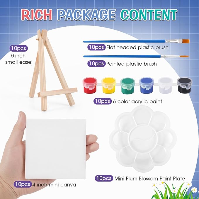 ESRICH 10 Set Mini Canvas Painting Kit, Minis Acrylic Paint Set, St. Patrick's Party Gifts,4 * 4inCanvas with Easel, Acrylic Paints,Brushes,Palette,Mini Easel Canvas for Kids Adults Painting Party