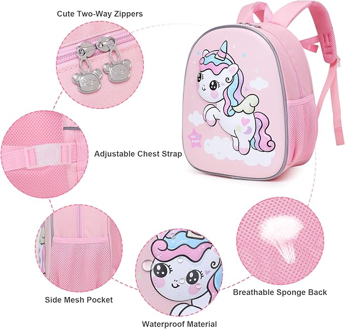 SUN EIGHT Toddler Backpack for Girls, Lunch Backpack Cute 3D Cartoon Animal Waterproof School Bag for Baby Girl Boy 2-5 Years（unicorn）