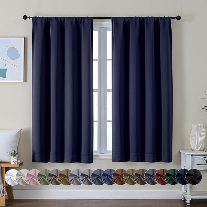 Simplebrand Ava Navy Blue Short Blackout Curtains for Bedroom 45 Inches Long 2 Panels Set, Solid Thermal Insulated, Energy Saving Window Treatment Curtains Blackout Drapes, W40 x L45 Inch, Navy Blue
