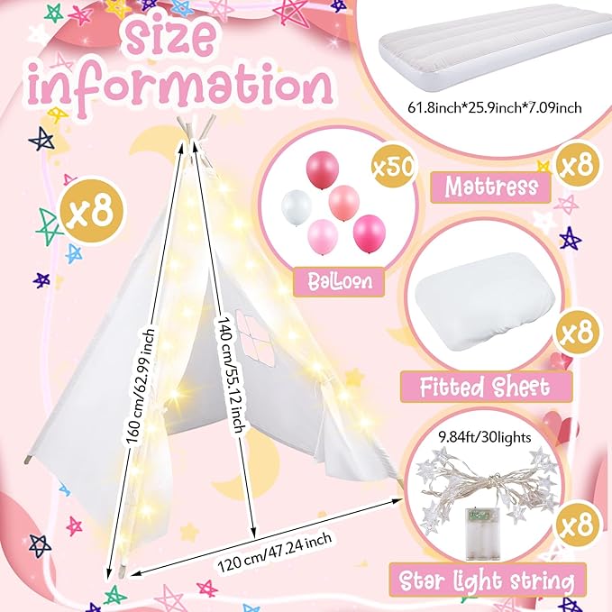 8 Pack Sleepover Tent for Girls Party,Teepee Tent for Kids Slumber Party Bulk with Light String,Air Mattress,Fitted Sheet,Washable Natural Cotton Toddler Teepee Indoor Outdoor(White)