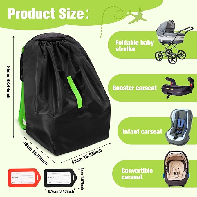 Waterproof Car Seat Bags For Airplane Travel, Durable Carseat Cover For Air Travel Car Seat Travel Bag with Shoulder Straps and 2pcs Luggage Tags For Airplane