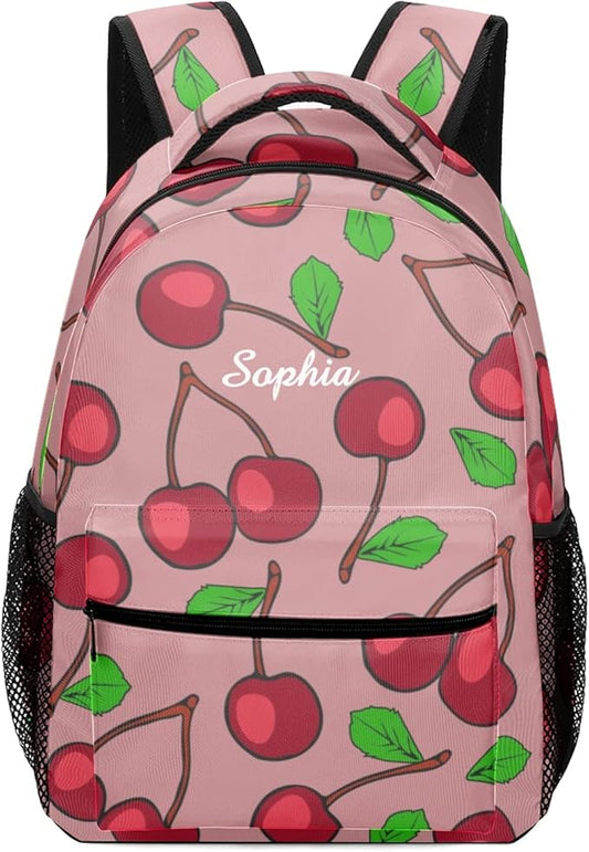 Ripe Red Cherry Custom Kids Backpack 16.5 Inch for Boy Girl, Personalized Waterproof Child School Travel Bag with Name