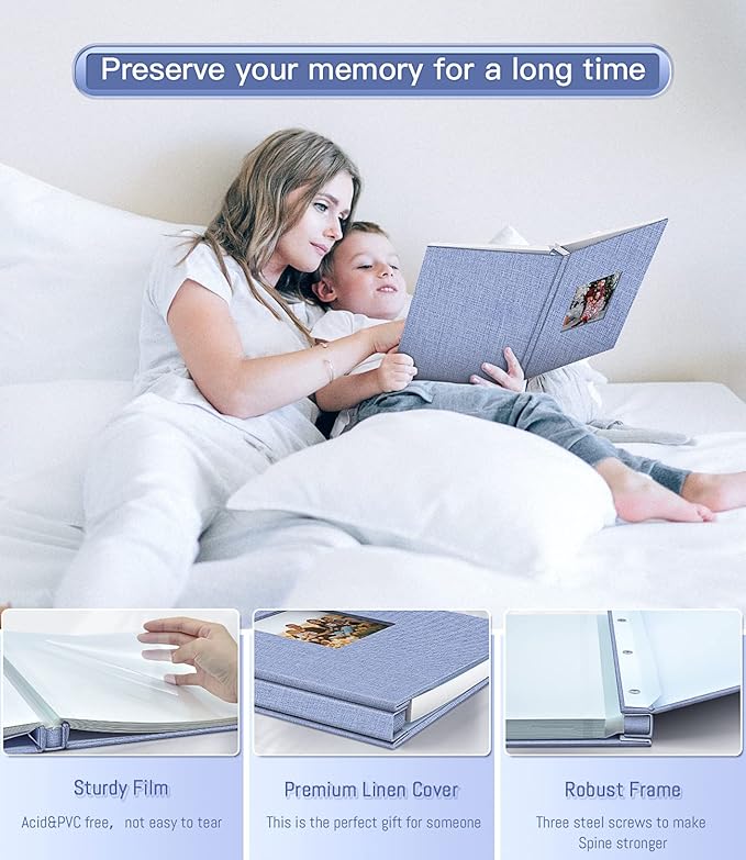 popotop Photo Album Self Adhesive with Picture Display Window,40 Pages DIY Scrapbooking Supplies Kit for 4x6 8x10 Picture,Linen Cover Memory Book for Baby Wedding, with Scraper and Metallic Pen