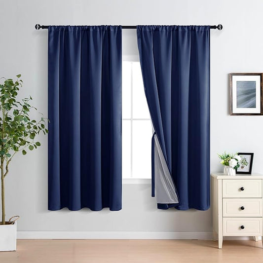 XWZO 100% Blackout Curtains 63 Inches Long with Tiebacks- Heat and Full Light Blocking, Thermal Insulated Rod Pocket Window Panels for Bedroom/Nursery, Navy Blue, W52 x L63, Set of 2 Draperies