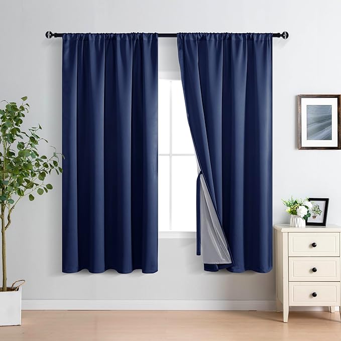XWZO Full Shading Blackout Curtains 72 Inches Length - Heat and Light Blocking Rod Pocket Window Drapes with Black Liner Backing for Bedroom Sewn with Tiebacks, Navy Blue, W52 x L72, Set of 2