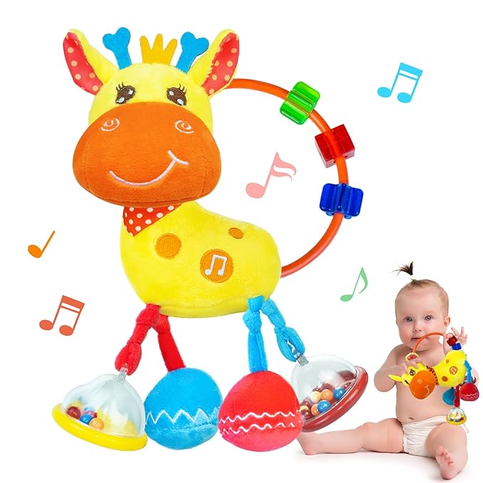 Baby Sensory Toys 0-6 3-6 Months,Infant Baby Musical Stuffed Animal Activity Soft Toys, 3+ Months Rattles Teething Toys for Babies,Tummy Time Toy Gifts for 0-3-6-12 Months Boys, Girls