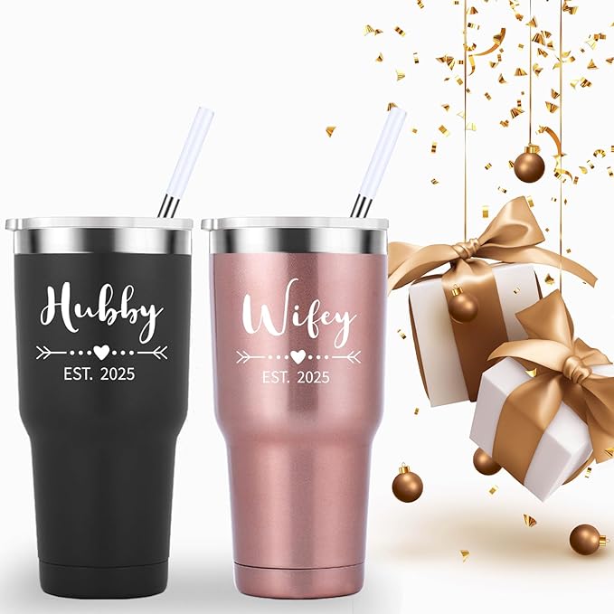 Mamihlap Hubby & Wifey Est 2025 Travel Mug 30oz Tumbler.Valentine’s Day Gifts.Anniversary Wedding Engagement Gifts.Gift for Couple Her Him Bridal Shower Husband Wife Newlywed Couple.(Black&Rose Gold)