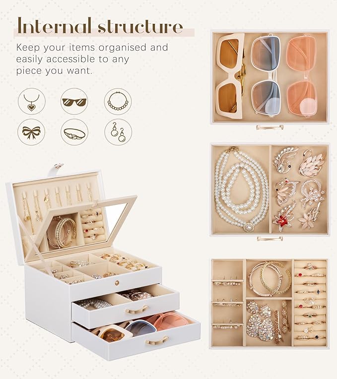 White Jewelry Box Organizer: Home Decor for Women - 2-Drawer Holder for Valentine’s Day Birthday Christmas White Gold