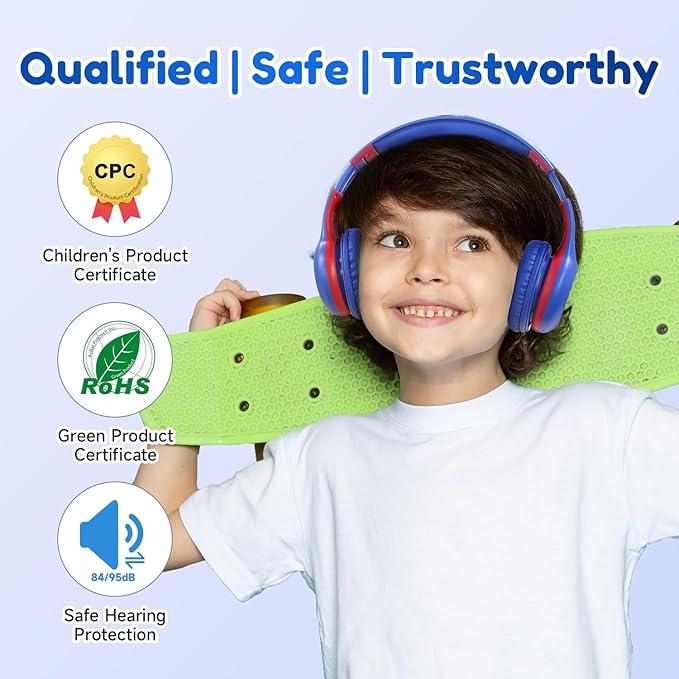 EarFun K2 Kids Bluetooth Headphones, Kids Headphones with Volume Limited, 40H Playtime, Built-in Mic, Stereo Sound, Foldable Over-Ear Headphone for School/Travel/iPad/Tablet, Blue