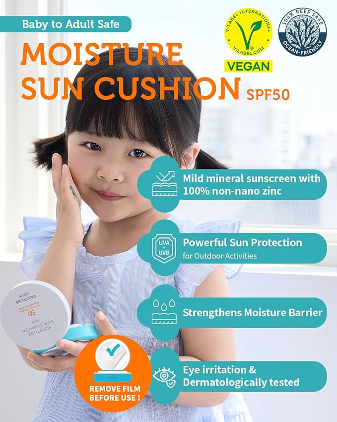 Moisture Sun Cushion Mild SPF 50 - Korean Moisturizing & Soothing Zinc Oxide Mineral Sunscreen - Travel Friendly Sun Cushion for Babies & Kids - Vegan, Reef-Safe, Allergen-Free, 0.81oz.