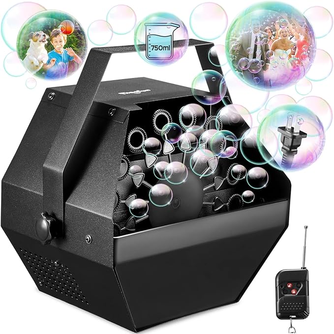 Theefun Bubble Machine: Remote Control 750ML Metal Bubble Blower Machine with High Output, Plug-in Automatic Bubble Maker Bubble Toys for Parties Wedding Birthday Indoor Outdoor Use with AC Adapter