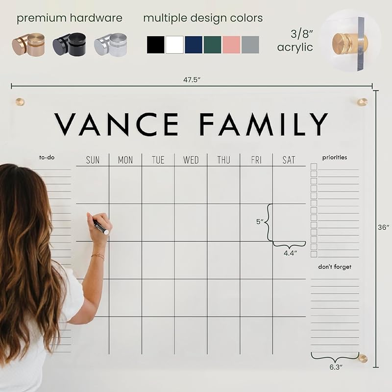 Personalized Clear Acrylic Calendar for Wall, Calendar Whiteboard for Wall, Dry Erase Wall Calendar, Wall Calendar Organizer System for Home (Block, Navy, 47.5"W x 36"H)