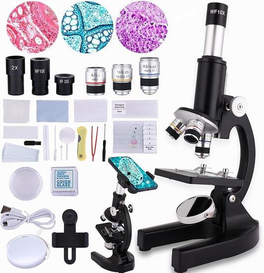 Microscope for Kids 40X-2000X, Microscope for Children 8-12 Years Old with LED Fill Light, Slides and specimens Ideal for School Labs Homeschooling