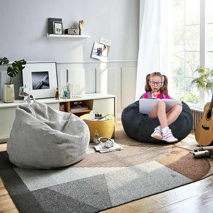 Classic Bean Bag Chair, with Faux Rabbit Fur Cover for Teens and Kids, Memory Foam Bean Bag Chairs, Ultra Soft Faux Fur Fabric, 2.5 feet Round Fluffy Bean Bag Sofa