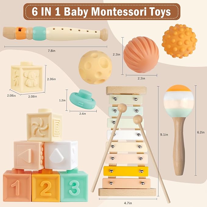 Baby Toys 6-12 Months Montessori Toys for Babies 9 Months,Wooden Musical Instruments Toy Stacking Building Blocks,Infant Teething Toys Sensory Balls,Xylophone,Birthday Gift for Toddlers 1+ Year Old
