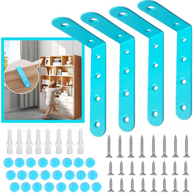 Anti Tip Furniture Anchors for Baby Pet Proofing,Furniture Wall Anchor Furniture Dresser Bookshelf Falling Prevention Device for Children (Blue)