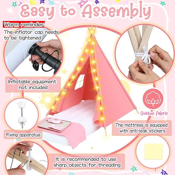 Windyun 4 Pack Kids Teepee Tent for Slumber Party with Mattress and Lights, Sleepover Tents for Girls Boys Indoor Outdoor Cotton Teepee for Kids with Airbed Tray Blanket Birthday Party Supplies(Pink)
