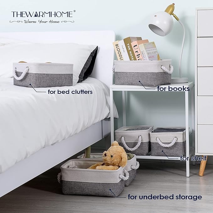 TheWarmHome Small Storage Baskets for Organizing,Storage Baskets for Shelves,Small Fabric Storage Bins W/Handles For Closet Nursery Toy Decorative Foldable (White&Grey, 11.8L*7.9W*5.2H-6 Pack)
