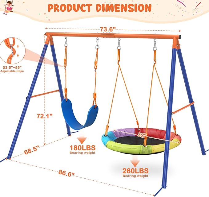 Swing Set for Backyard with Stand - Heavy Duty 440lbs Metal A-Frame Outdoor Playset with 32" Saucer Swing & 26.2" Seats