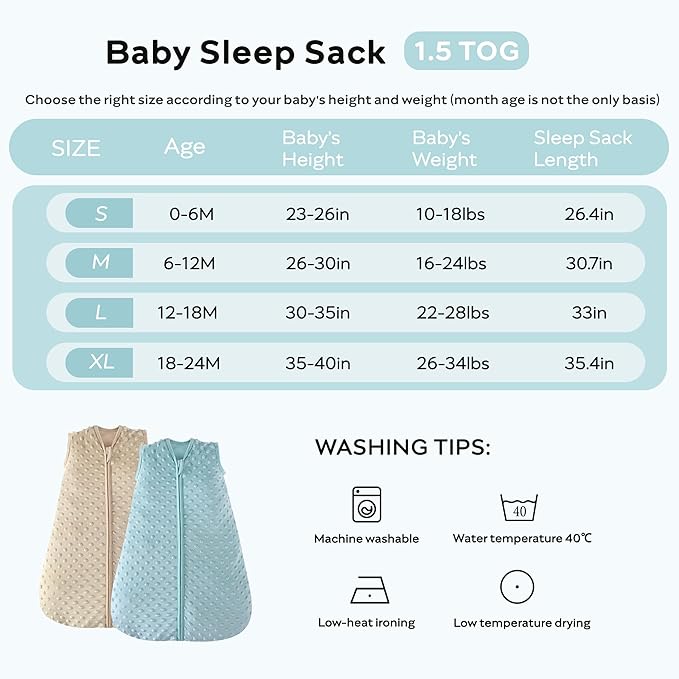 JELLYMONI Fleece Baby Sleep Sack 6-12 Months, 1.5 Tog Warm Winter Baby Wearable Blanket with Plush Dots and 2-Way Zipper, Cotton Toddler Sleep Sack