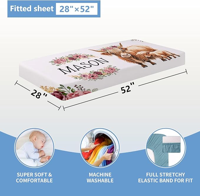 Personalized Baby Bedding Set, 5 Pcs Custom Baby Crib Set with Name, Soft Flannel Highland Cow Crib Bedding Set for Girls, Double Layer Nursery Bedding Set, New Parents Toddlers Infants Gift