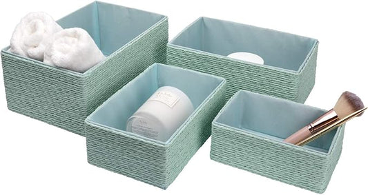LA JOLIE MUSE Storage Baskets Set 4 - Stackable Woven Basket Paper Rope Bin, Storage Boxes for Makeup Closet Bathroom Bedroom (Light Green)