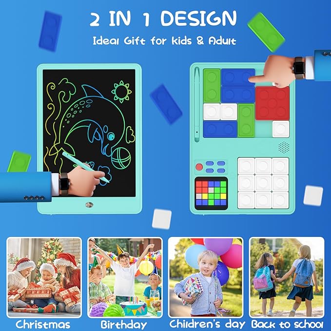 Slider Puzzle Games & LCD Writing Tablet 2 IN 1 Travel Games,530 Challenges Brain Teaser Toys for Kids,Drawing Pad Gifts for Boys Girls(Blue)