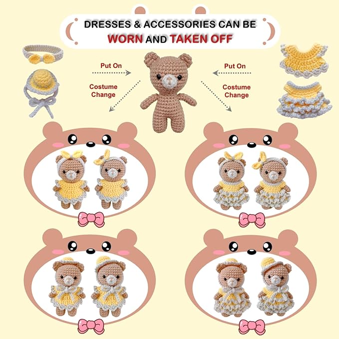 LoopMap Crochet Kit for Beginners - DIY Amigurumi Bear with Removable Dress & Accessories, Step-by-Step Video Tutorials, Extra Yarn, Crochet Tools, Handmade Gift for Kids & Adults(Bear-Yellow)