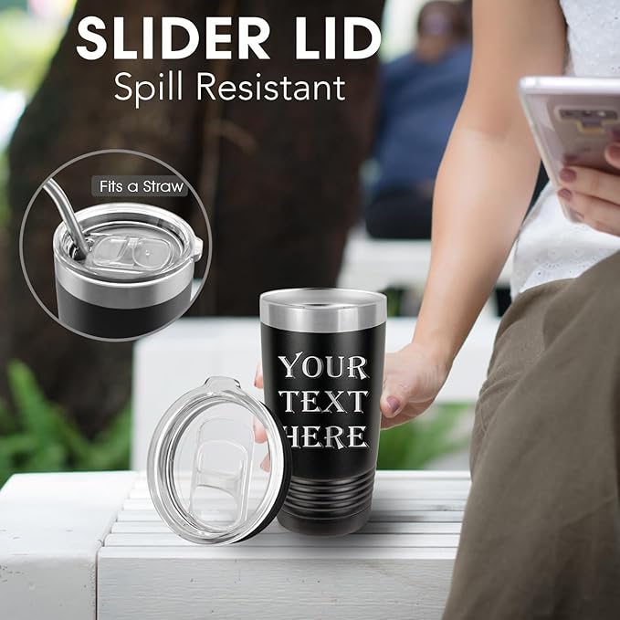 Personalized Tumblers Custom Travel Coffee Mug, Insulated Stainless Steel Cup with Spill-Resistant Lid, Optional Spill-Proof Lid and Stainless Steel Straw! Engraved in USA by iProductsUS (Black, 20oz)