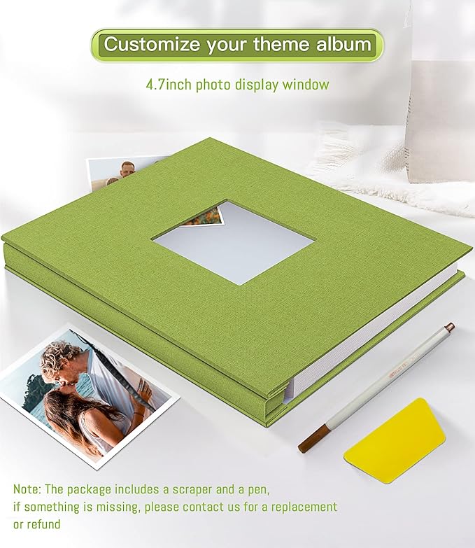 popotop Photo Album Self Adhesive with Picture Display Window,60 Pages DIY Scrapbooking Supplies Kit for 4x6 10x12 Picture,Linen Cover Memory Book for Baby Wedding, with Scraper and Metallic Pen