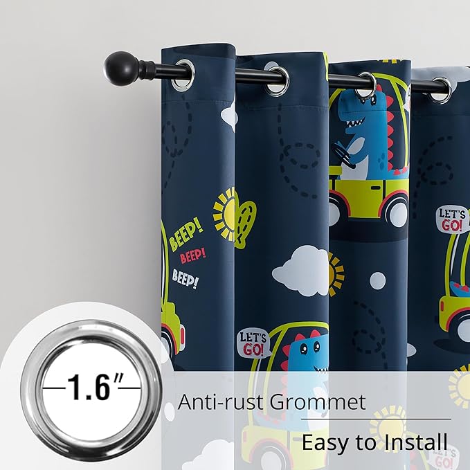 Kids Dinosaur Blackout Curtains - 2 Panels, Each W52*L96 with 100% Blackout, Thermal Insulated, and Noise Reducing, Perfect for Kids Room, Bedroom, Nursery