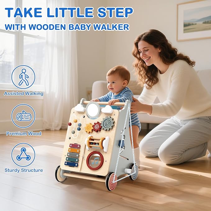 Baby Push Walker with Detachable Busy Board, Wooden Baby Walker with Adjustable Speed Wheels, Montessori Push Walker for Babies, Push Walking Toys for Boys & Girls 1 Year Old, Gifts for Toddler