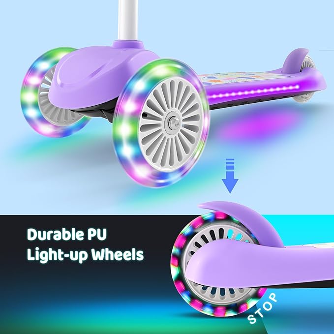 TONBUX Kids Scooter for Ages 3-5, Toddler Scooter with Light-Up Deck and Wheels, Adjustable 4-Level Height 3-Wheel Scooter for Kids, Lean-to-Steer Design