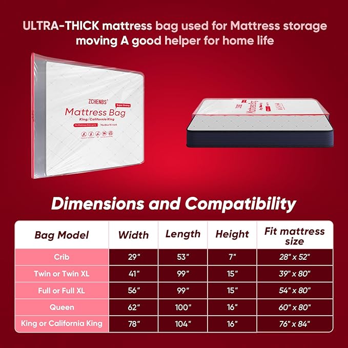 ZCHENBS® – Mattress Bags for Moving and Storage,Mattress Bag with Zippers,5 Mil Ultra-Thick Bed Bag,Waterproof,Anti-Tear,Heavy-Duty Mattress bag (Transaparent/Red, King/California King-(1 Pack）)