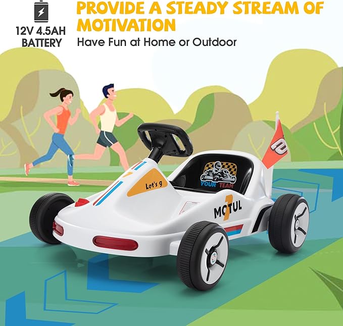 TOBBI 12V Electric Go Kart for Kids Battery Powered Ride on Car Outdoor Race Toy with Remote Control, Safety Belt, Music, LED Lights and Flags for Toddlers 3-8 Years, White