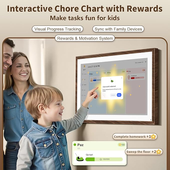 15.6 Inch Digital Calendar Chore Chart with Touchscreen - Full HD Interactive Display, Wall & Desk Mountable Family Planner, To-Do List & Meal Planner, Ideal for Home Organization & 2025 Scheduling