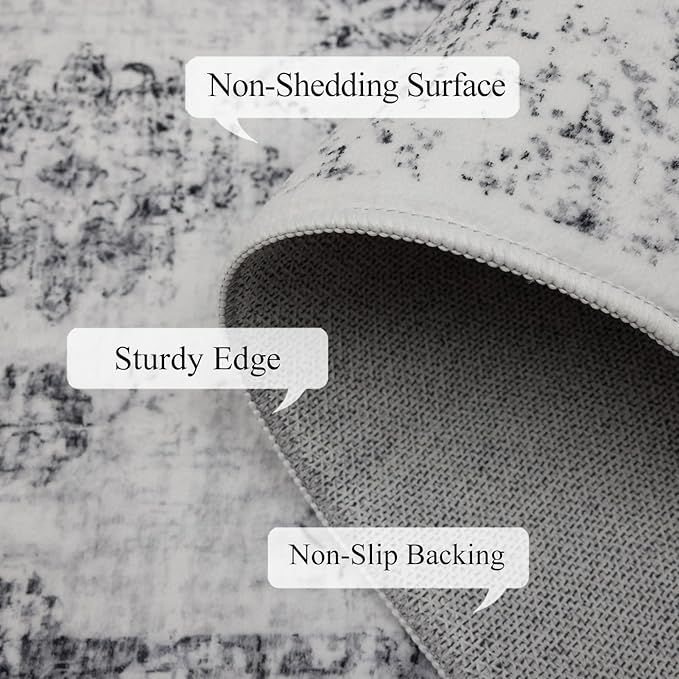 Washable Rugs 5x7 Area Rugs for Living Room, Thin Carpet for Bedroom, Soft Faux Wool Retro Dining Room Rug，Non Slip&Non-Shedding Resistant Low Pile Vintage Print Rug for Home Office (White/Grey)