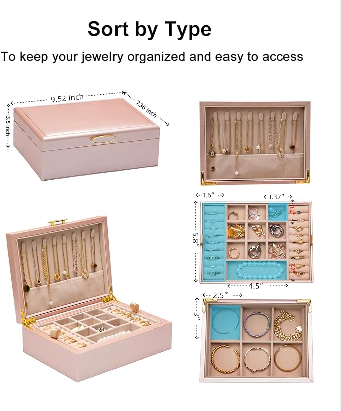 2-layer jewelry box，Jewelry Organizer with Handle，with hanging necklace hooks, detachable jewelry trays, suitable for storing a large amount of jewelry gift box (rose gold)