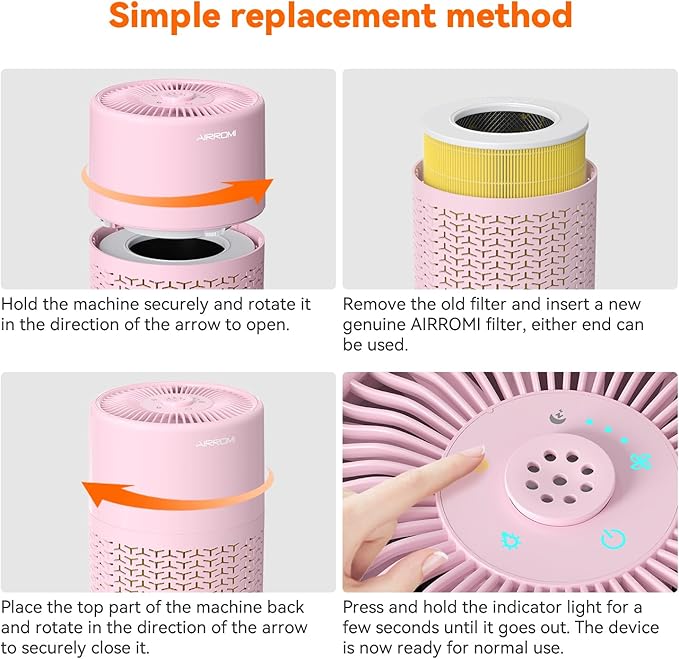 AIRROMI Pets Air Purifier for Home Allergies,Up to 660 ft².Yellow Deodorizing Activated Carbon Filter,With Fragrance Sponge for Better Sleep,Night Light,Pet Dander,Smoke,Odors,Air Cleaner A2002 Pink