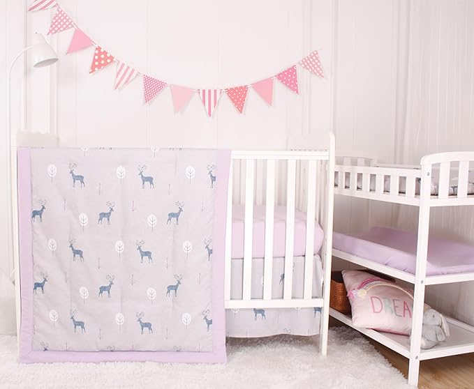 CaSaJa 4-Piece Crib Bedding Set for Boys and Girls, Nursery Baby Bedding Set Including Quilted Comforter with Fitted Crib Sheet and Changing Pad Covers, Reversible Quilt Design, Reindeer Forest