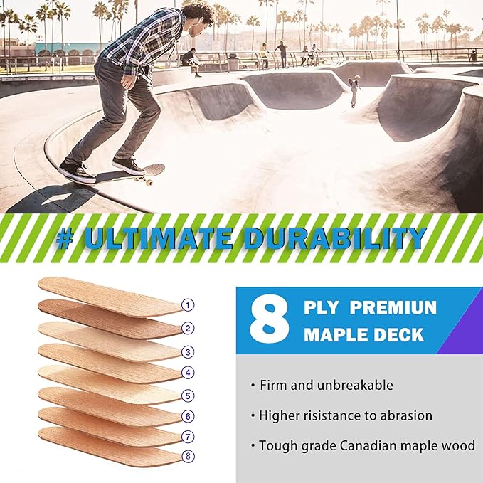 Skateboard,31 x 8 Inch Complete Skateboard, 8-Layer Maple Wood Deck Double Kick Standard Skateboards for Kids, Teens, Adult, Beginner