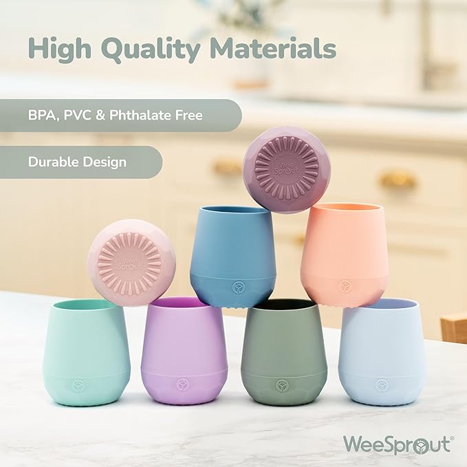 WeeSprout Silicone Baby Training Cups - Set of 2 Soft Silicone Cups - 2 oz Open Cup for Baby 6+ Months - Non-Slip Grip, Weighted Base - Gentle on Gums & Teeth (Pastel Blue & Pastel Coral)