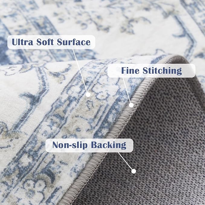 jinchan Round Rug 7ft Area Rug - Dark Blue Vintage Floor Mat Kitchen Indoor Ultra-Thin Soft Floral Print - Washable Circle 7' Retro Accent for Farmhouse Non Slip Dining Room Living Room Bedroom Office