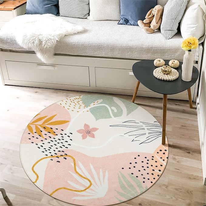 Lahome Pink Round Area Rug - 4Ft Washable Non-Slip Small Circle Boho Throw for Bedroom, Low-Pile Soft Cute Nursery Girls Room, Botanical Print Indoor for Dorm Bathroom