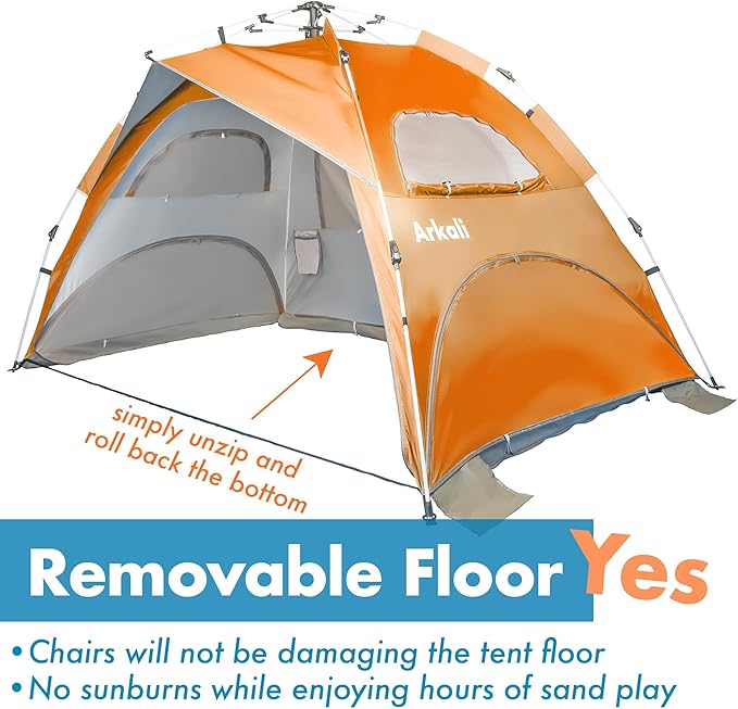 Beach Tent Pop Up Beach Sun Shade Tent with UPF 50+ UV Protection, Removable Floor Zippered Privacy & Ventilation Sun Shelter Family 3 to 4 Person